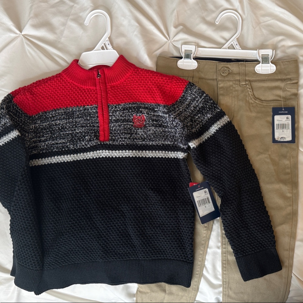 CHAPS Red and Black Knit Sweater with Khaki Pants